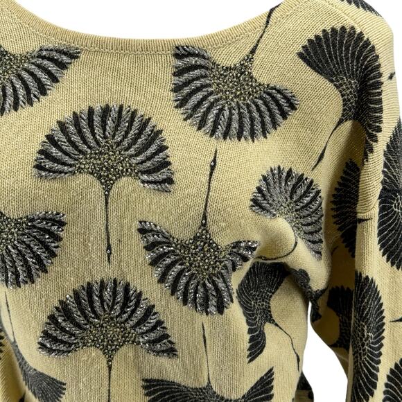 Magnolia Vtg Women's Sweater SZ S Beaded Embellished Crane Bird Print Fan Yellow - Picture 5 of 11